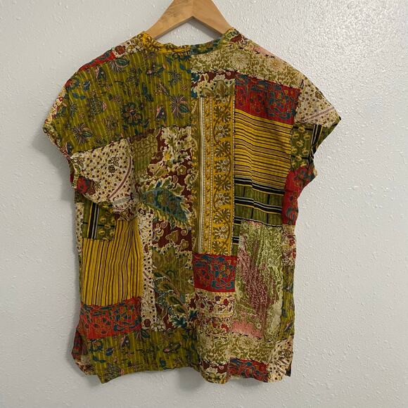 Citron Patchwork Silk Blend Blouse Women’s Size Medium Asian Inspired Boho - Picture 2 of 9